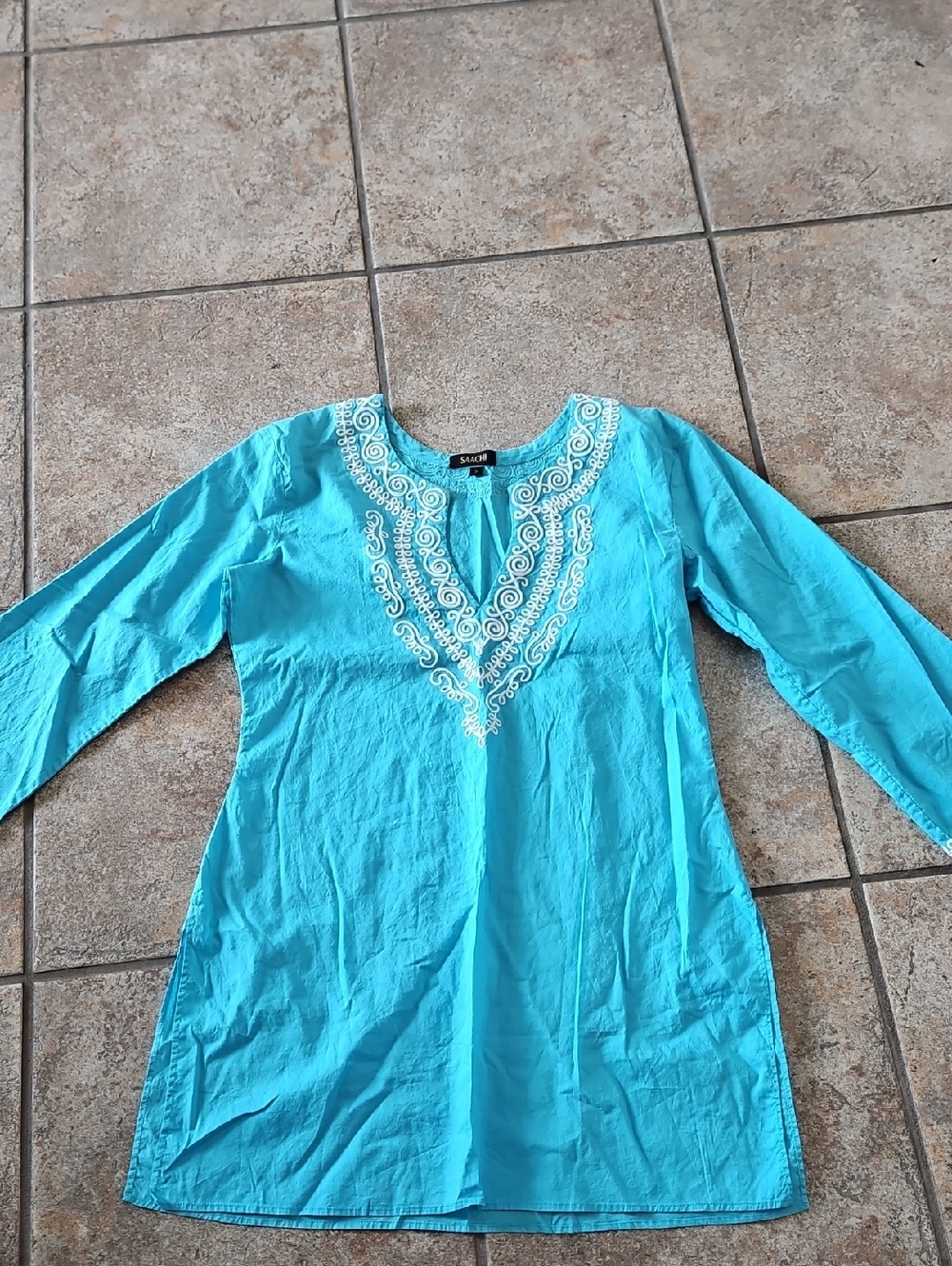 SAACHI Turquoise Embroidered V-Neck Tunic
